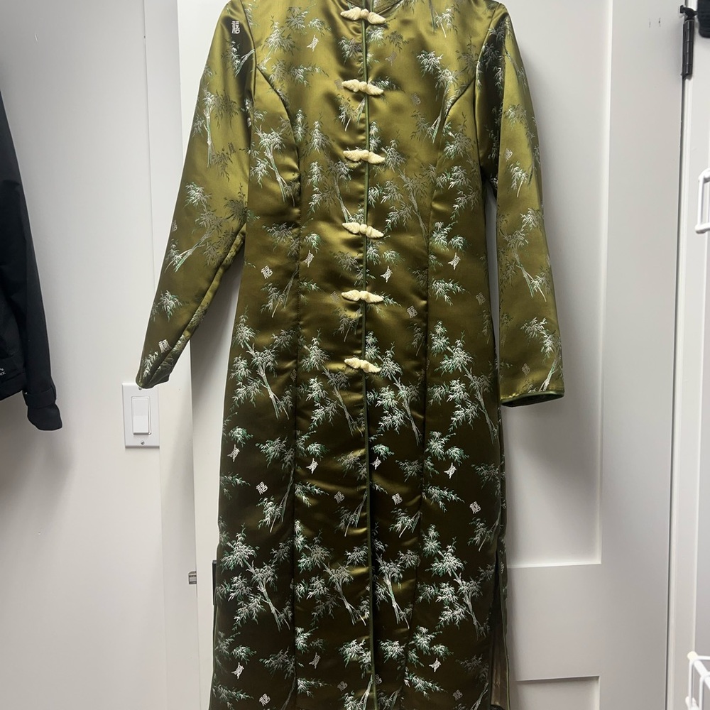 Olive Green Floral Women's Long Coat - Chinese Inspired